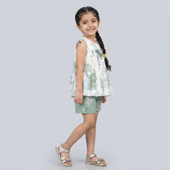 Girl wearing sage green printed sleeveless top with matching shorts stylish summer co-ord set for kids casual fashion outfit