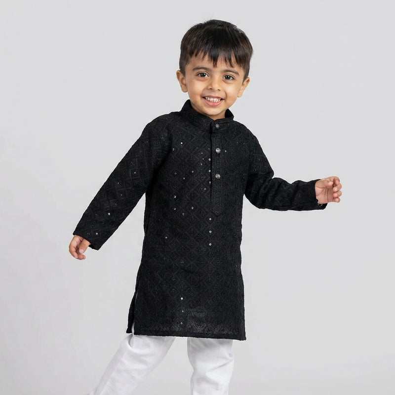 Boys Embroidered Kurta Set with White Pajama – Festive Ethnic Wear for Kids