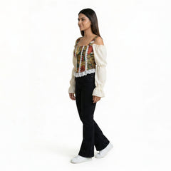 Women’s Black Wide-Leg Pants with Printed Corset Style Top – Elegant Party & Evening Outfit Set