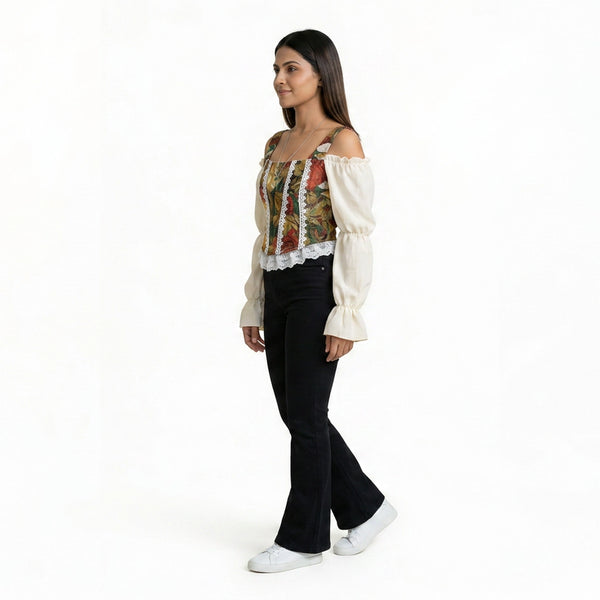 Women’s Black Wide-Leg Pants with Printed Corset Style Top – Elegant Party & Evening Outfit Set