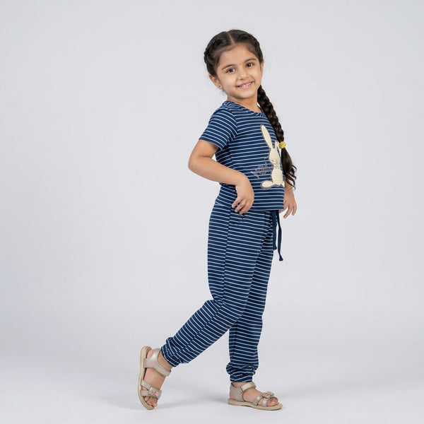 Girls Striped Co-Ord Set – Cute Bunny Print Cotton Top & Jogger Pants for Kids