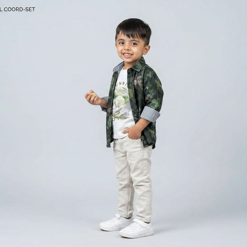 Boys Dark Printed Shirt with Graphic T-Shirt & Grey Jeans – Stylish Kids 3-Piece Casual Outfit Set KD-MV-B-SET-10060