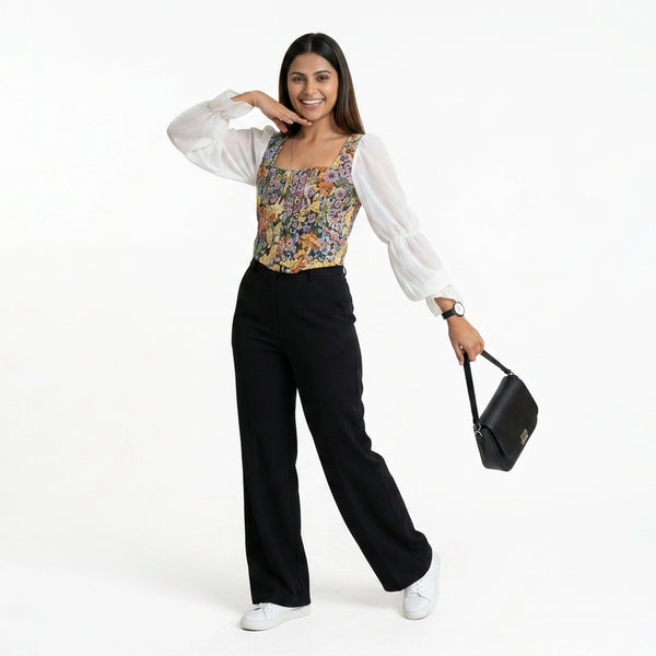 Women’s Floral Corset Top with Sheer Puff Sleeves – Trendy Summer Outfit Set