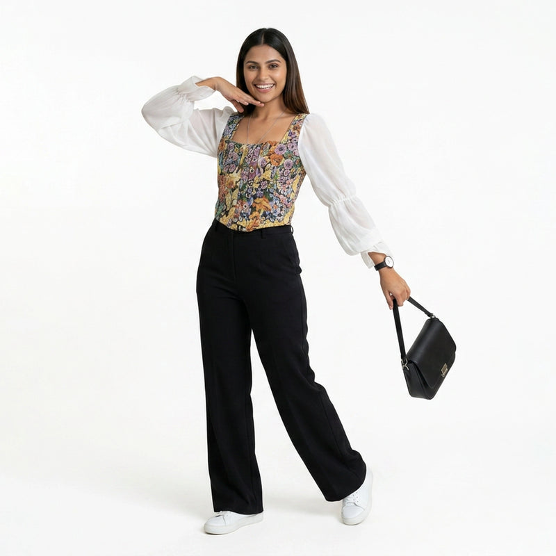 Women’s Floral Corset Top with Sheer Puff Sleeves – Trendy Summer Outfit Set