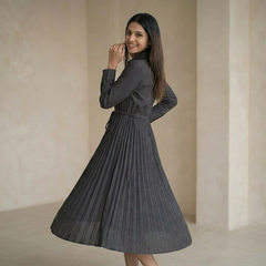 Women’s Pleated Maxi Dress with Crop Shirt Top – Elegant Long Sleeve Dress