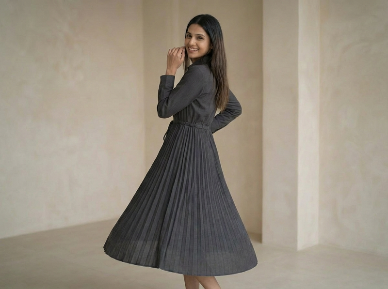 Women’s Pleated Maxi Dress with Crop Shirt Top – Elegant Long Sleeve Dress