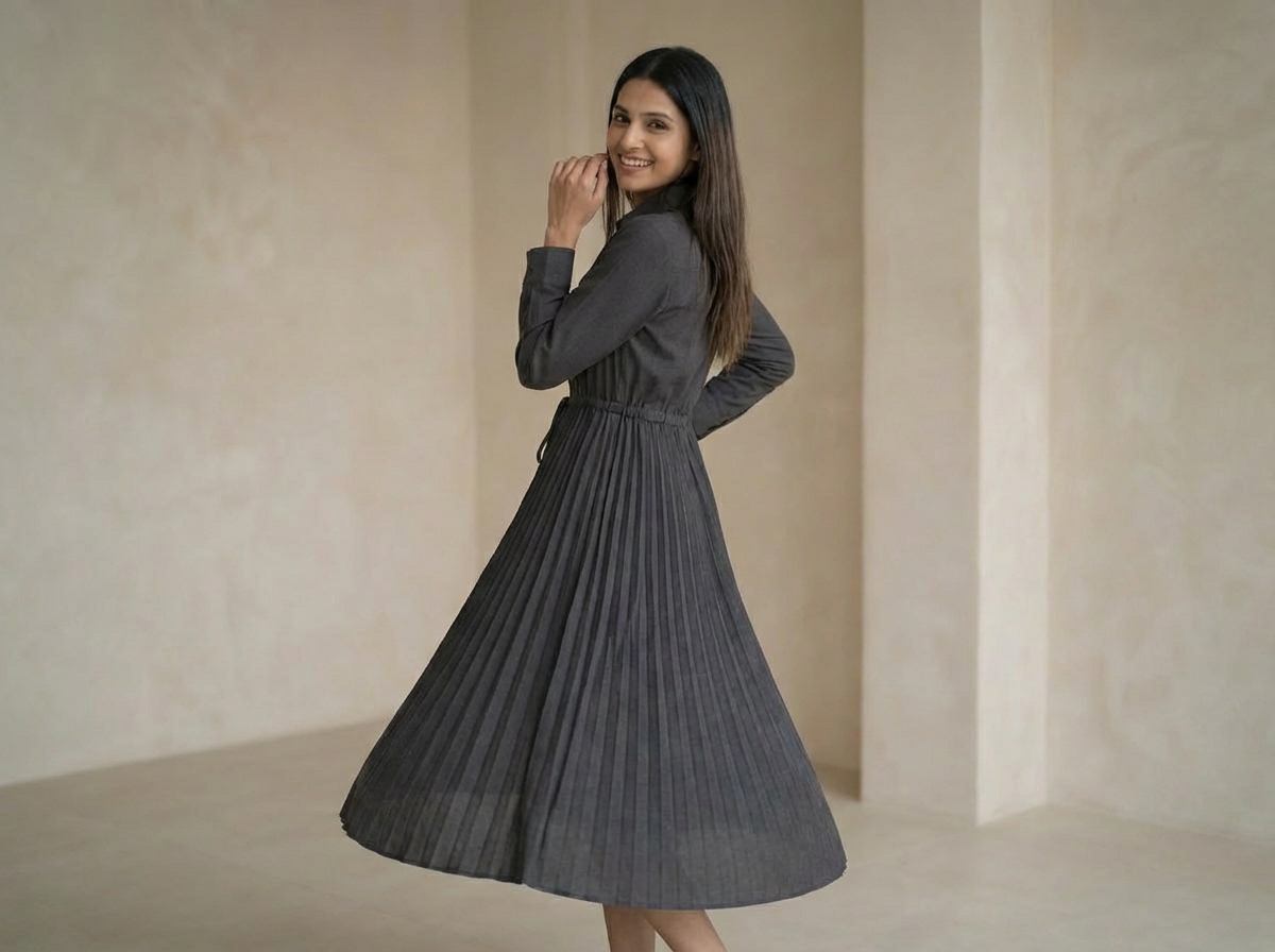Women’s Pleated Maxi Dress with Crop Shirt Top – Elegant Long Sleeve Dress - image 10