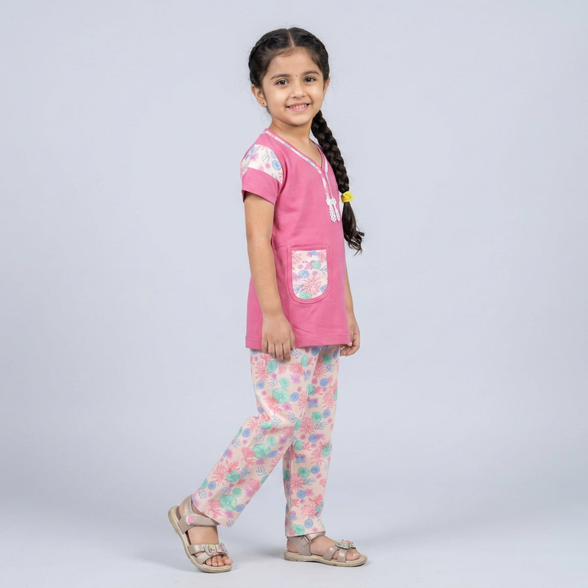 Girls Pink Tunic Top with Floral Print Pants Co-ord Set