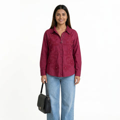 Women’s Embroidered Cotton Shirt – Floral Detail Button-Down Top | Pink, White,Beige,Black & Maroon Smart Casual Shirt