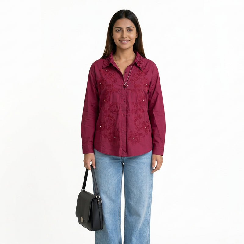 Women’s Embroidered Cotton Shirt – Floral Detail Button-Down Top | Pink, White,Beige,Black & Maroon Smart Casual Shirt