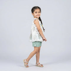 Girls Sage Green Printed Top & Shorts Set – Stylish Summer Casual Co-Ord Outfit for Kids