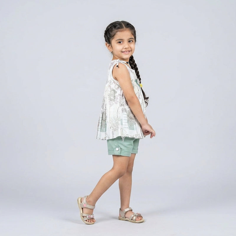 Girls Sage Green Printed Top & Shorts Set – Stylish Summer Casual Co-Ord Outfit for Kids