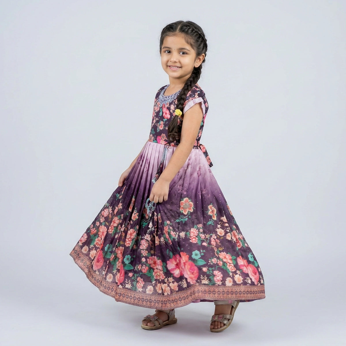 Girls Purple Ombre Floral Print Embellished Flutter Sleeve Gown – Kids Party Wear