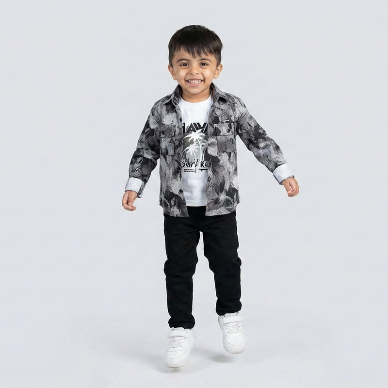 Boys Abstract Printed Shirt with Black Jeans – Stylish Smart Casual Kids Outfit