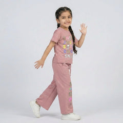 Girls Snoopy Printed Co-Ord Set – Beige Graphic T-Shirt & Wide Leg Pants for Kids