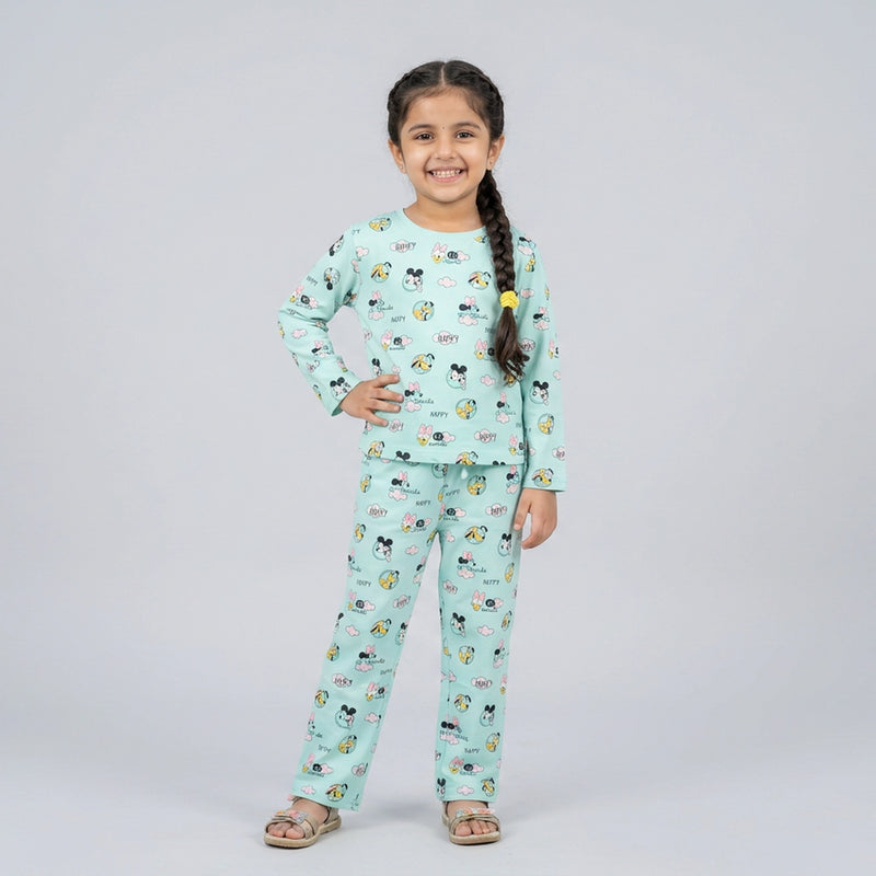 Girls Cartoon Printed Night Suit Set – Soft Full Sleeve Kids Co-Ord Pajama Set