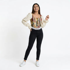 Women’s Black Wide-Leg Pants with Printed Corset Style Top – Elegant Party & Evening Outfit Set