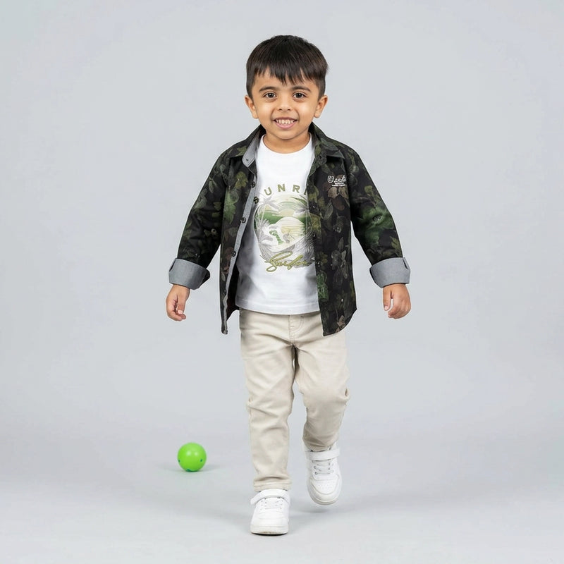 Boys Dark Printed Shirt with Graphic T-Shirt & Grey Jeans – Stylish Kids 3-Piece Casual Outfit Set KD-MV-B-SET-10060