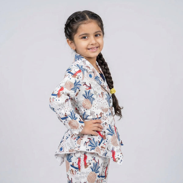 Girls Printed Peplum Co-Ord Set with Belt – Stylish Blazer Style Party Wear Outfit for Kids
