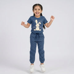 Girls Striped Co-Ord Set – Cute Bunny Print Cotton Top & Jogger Pants for Kids