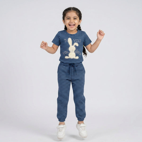 Girls Striped Co-Ord Set – Cute Bunny Print Cotton Top & Jogger Pants for Kids
