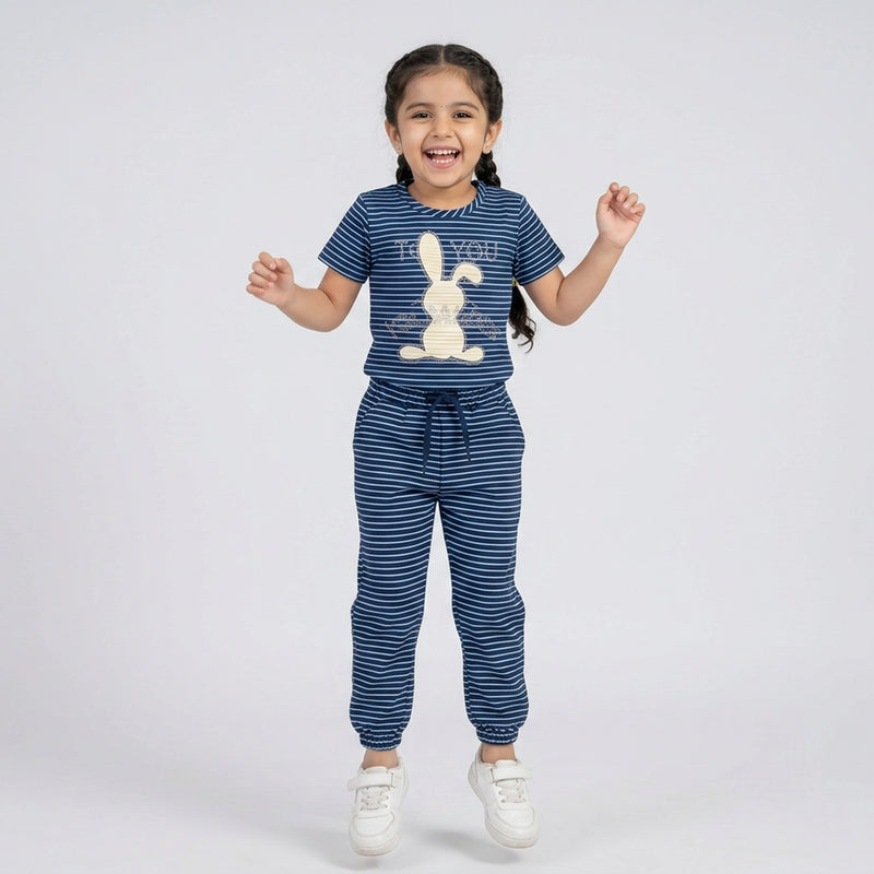 Girls Striped Co-Ord Set – Cute Bunny Print Cotton Top & Jogger Pants for Kids