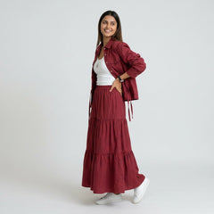 Women’s Pleated Maxi Dress with Crop Shirt Top – Elegant Long Sleeve Dress