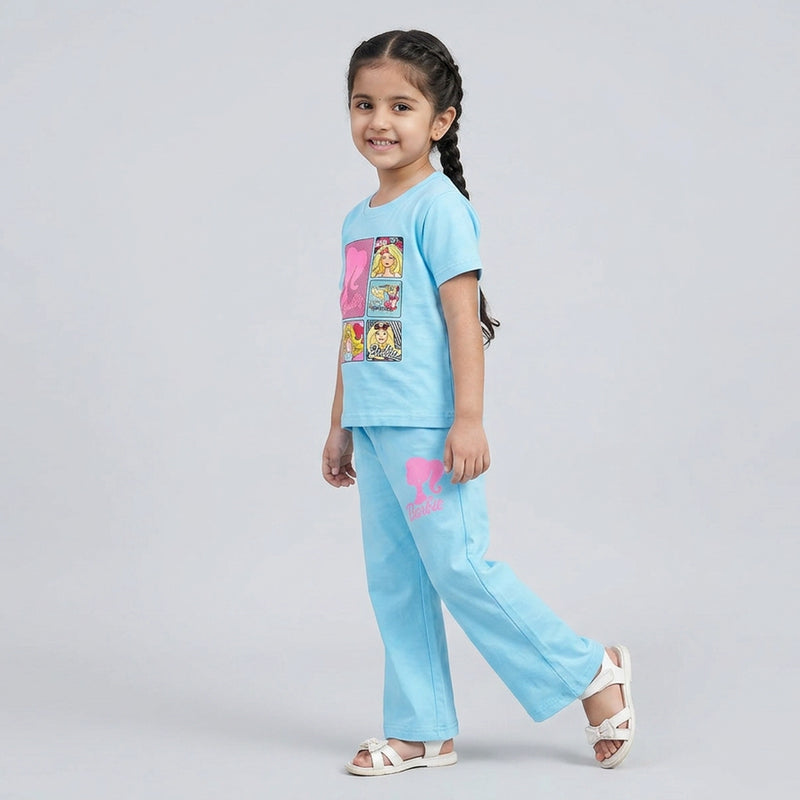 Girls Barbie Co-Ord Set – Stylish Graphic T-Shirt & Flared Pants Outfit for Kids