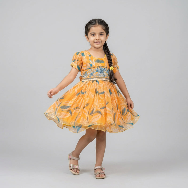 Girls orange Printed dress – Stylish Summer Casual dress Outfit for Kids