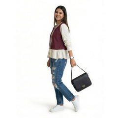 Polka Dot Button-Front Peplum Top with Contrast Sleeves