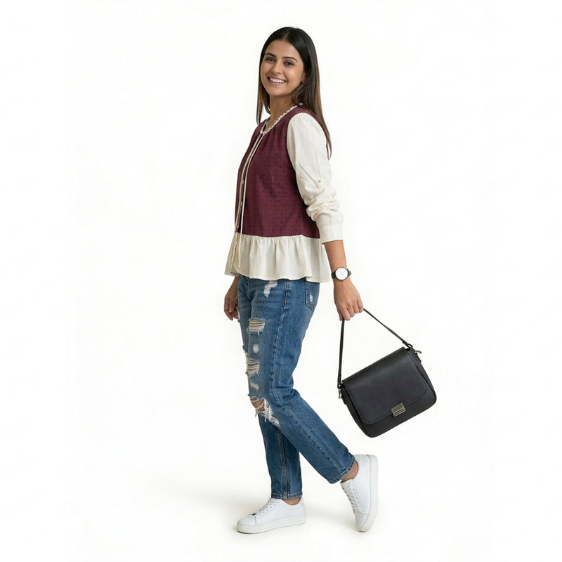 Polka Dot Button-Front Peplum Top with Contrast Sleeves