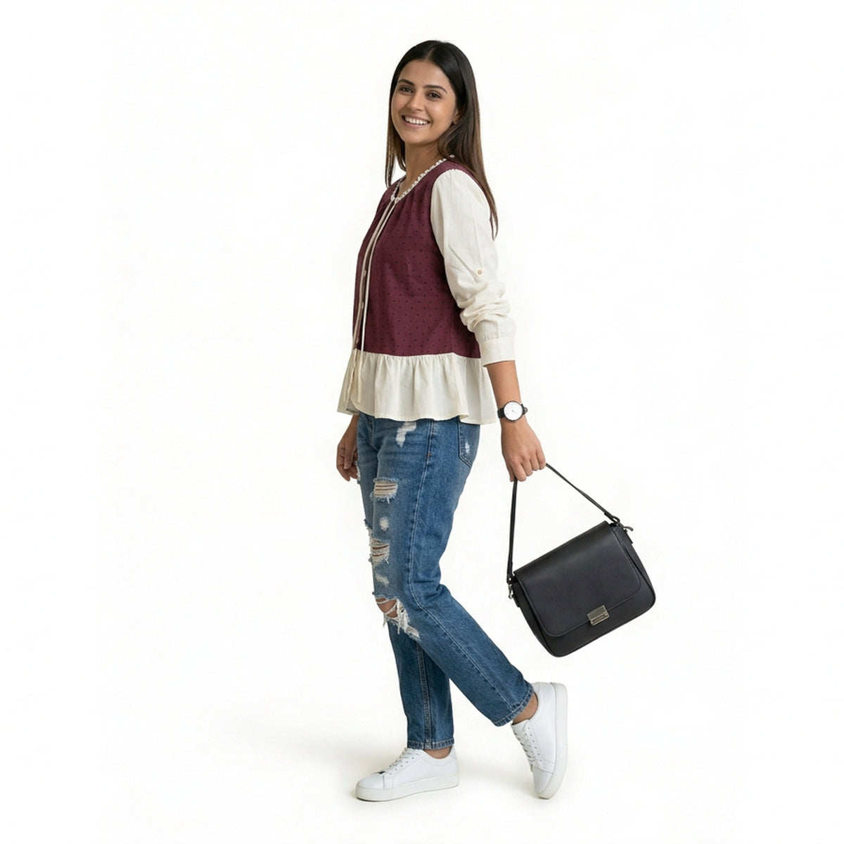 Polka Dot Button-Front Peplum Top with Contrast Sleeves - image 5
