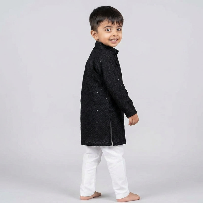 Boys Embroidered Kurta Set with White Pajama – Festive Ethnic Wear for Kids