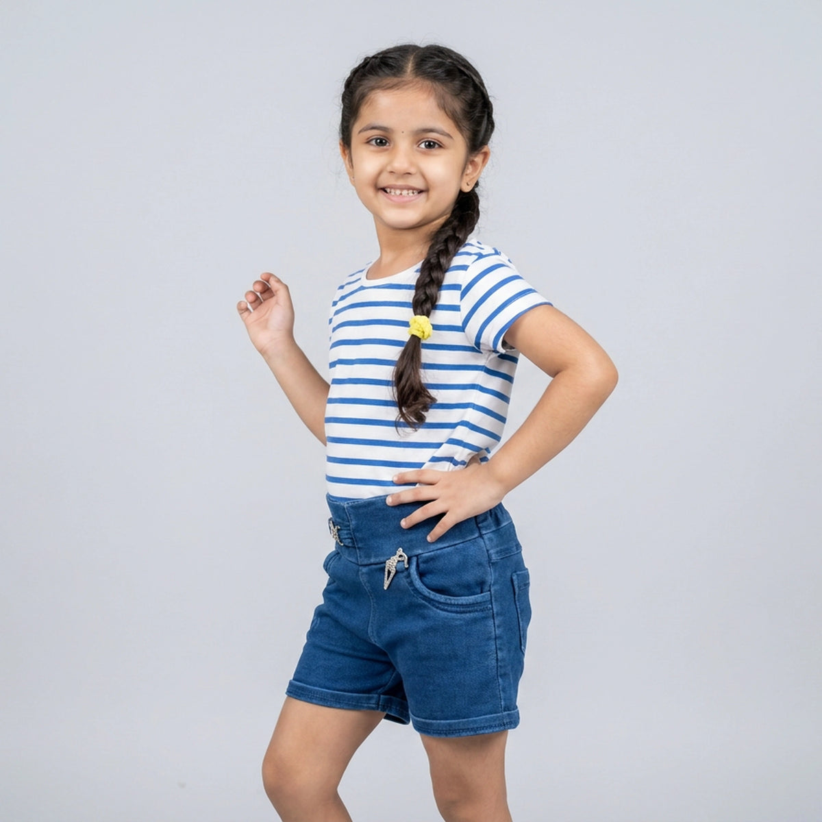 Girls Blue High-Waist Denim Shorts with Charm Drawstring Detail