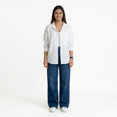 Women’s Floral Embroidered Shirt – Cotton Button-Down Top | Black, Beige, White, Pink & SKY Blue Smart Casual Shirt