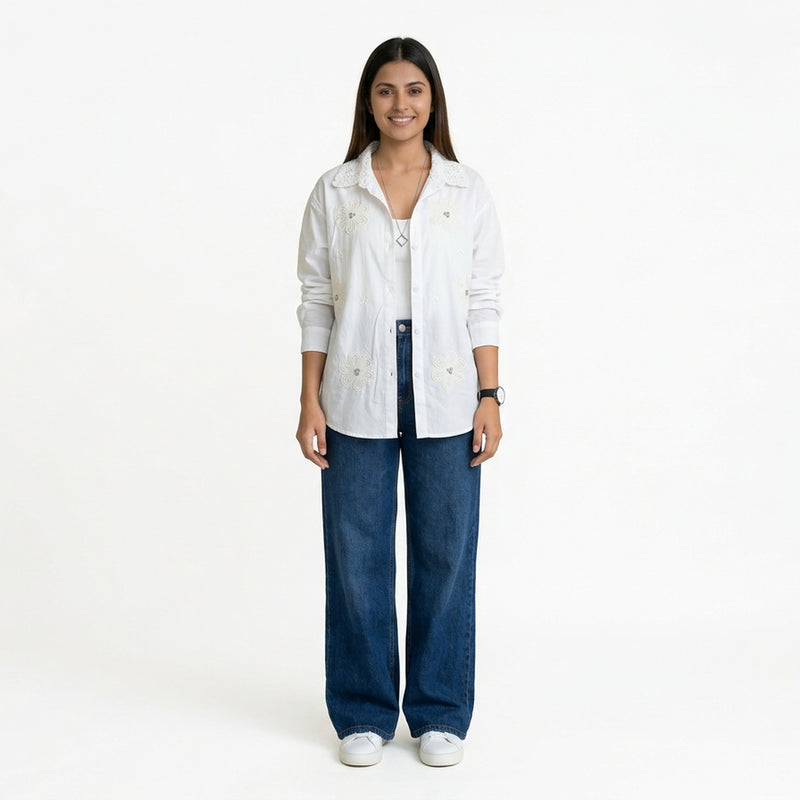 Women’s Floral Embroidered Shirt – Cotton Button-Down Top | Black, Beige, White, Pink & SKY Blue Smart Casual Shirt