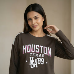 Women’s “Houston Texas” Printed Full Sleeve Cotton T-Shirt