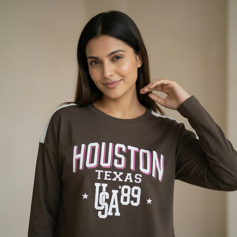Women’s “Houston Texas” Printed Full Sleeve Cotton T-Shirt