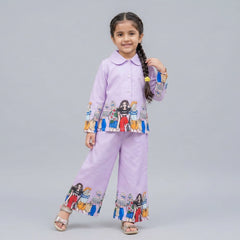 Girls Neon Green Printed Co-Ord Set – Trendy Shirt & Wide Leg Pants Outfit for Kids
