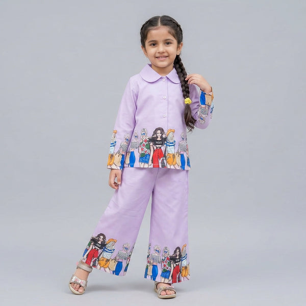 Girls Neon Green Printed Co-Ord Set – Trendy Shirt & Wide Leg Pants Outfit for Kids