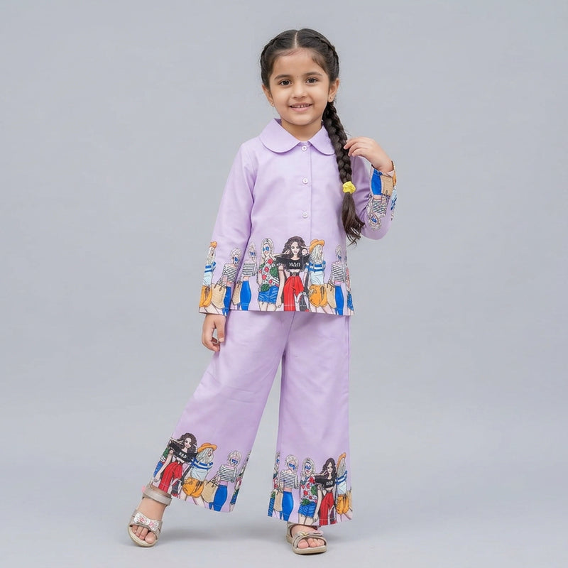 Girls Neon Green Printed Co-Ord Set – Trendy Shirt & Wide Leg Pants Outfit for Kids