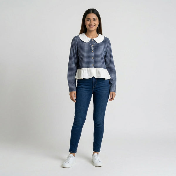 Women’s Gingham Peplum Top with Peter Pan Collar – Casual Chic Outfit Set