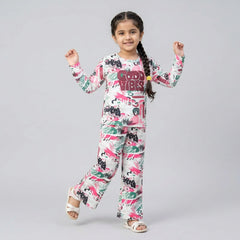 Girls Graphic Printed Co-Ord Set – White & Blue Full Sleeve Kids Lounge Wear Set