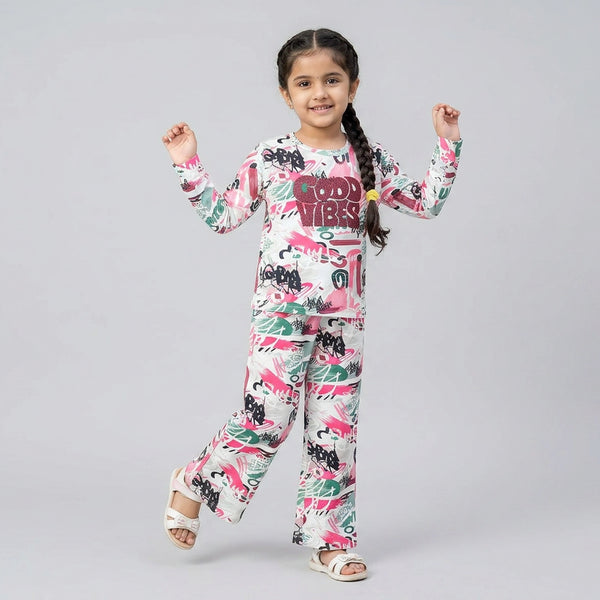 Girls Graphic Printed Co-Ord Set – White & Blue Full Sleeve Kids Lounge Wear Set
