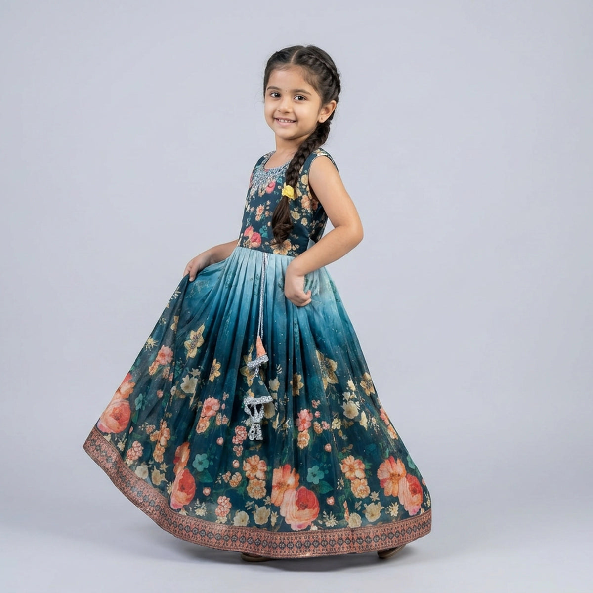 Girls Purple Ombre Floral Print Embellished Flutter Sleeve Gown – Kids Party Wear