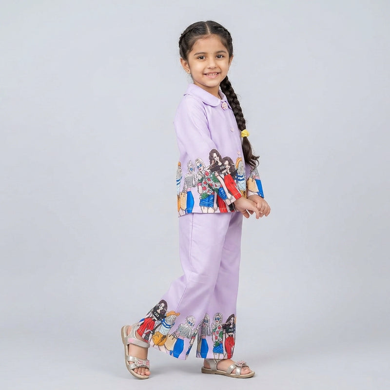 Girls Neon Green Printed Co-Ord Set – Trendy Shirt & Wide Leg Pants Outfit for Kids