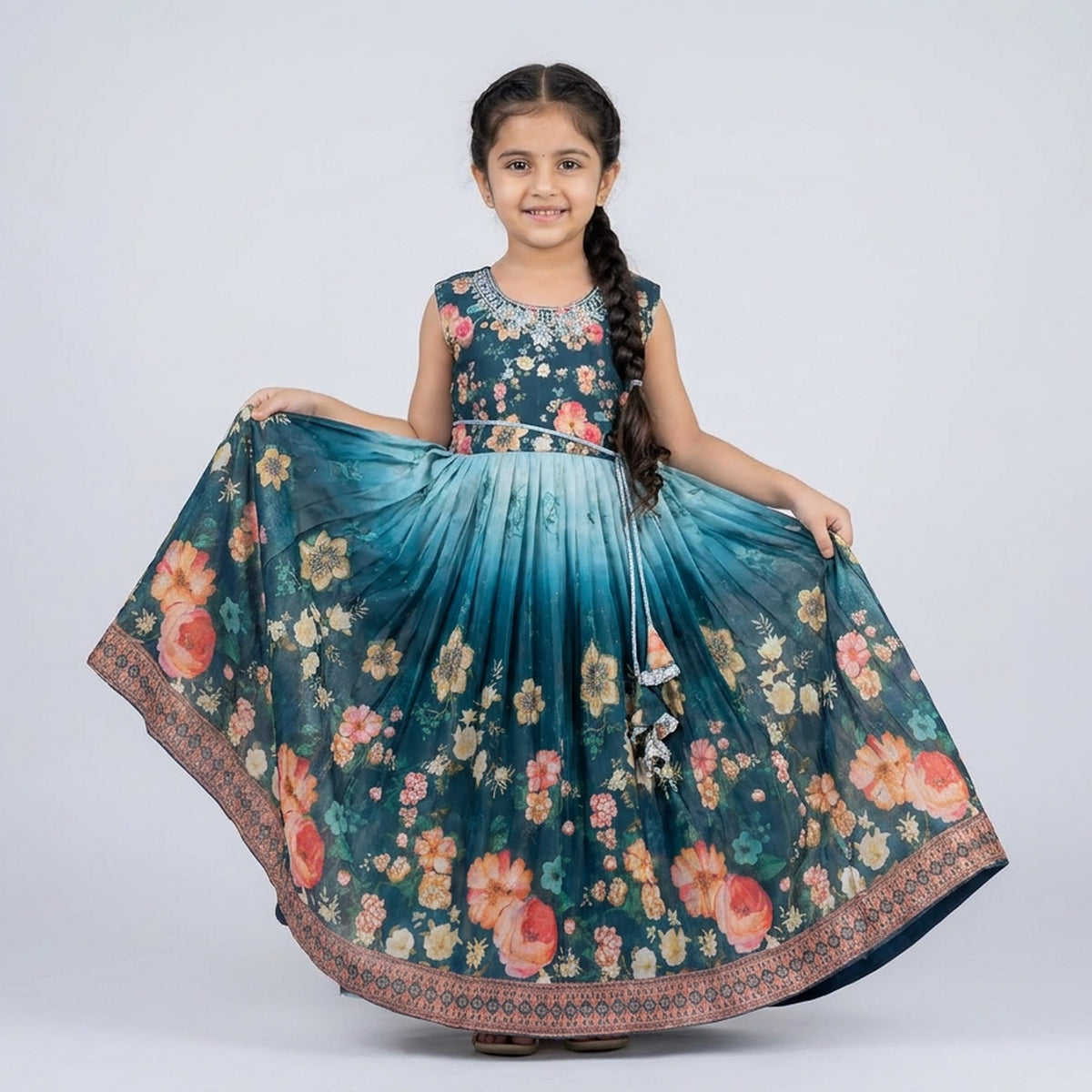 Girls Purple Ombre Floral Print Embellished Flutter Sleeve Gown – Kids Party Wear