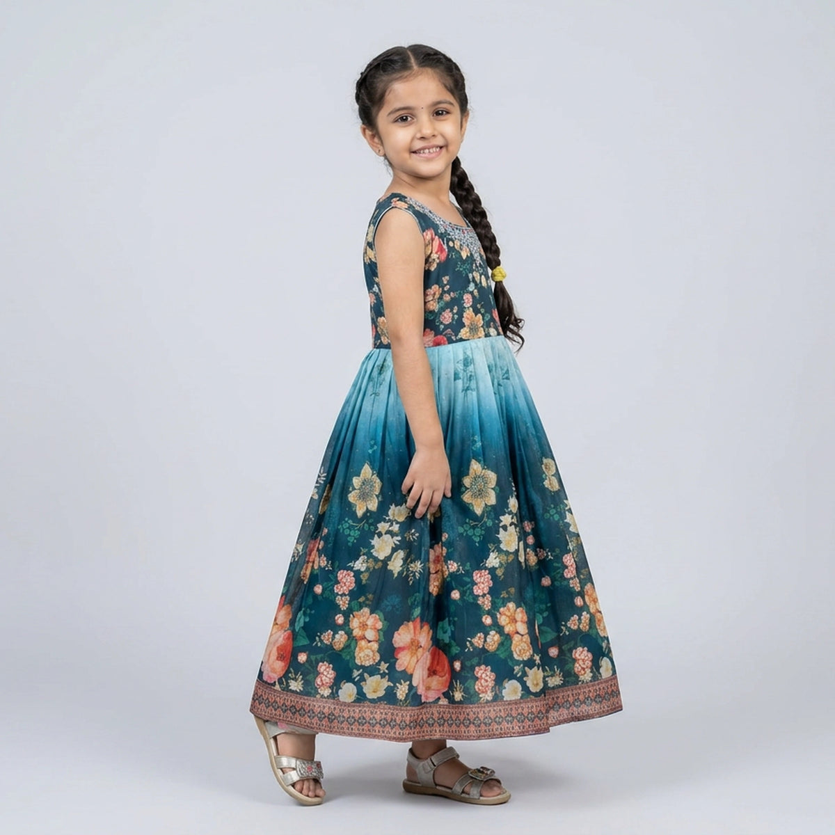 Girls Purple Ombre Floral Print Embellished Flutter Sleeve Gown – Kids Party Wear
