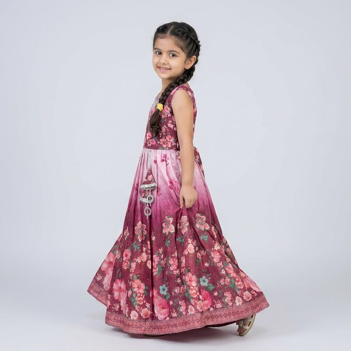 Girls Purple Ombre Floral Print Embellished Flutter Sleeve Gown – Kids Party Wear