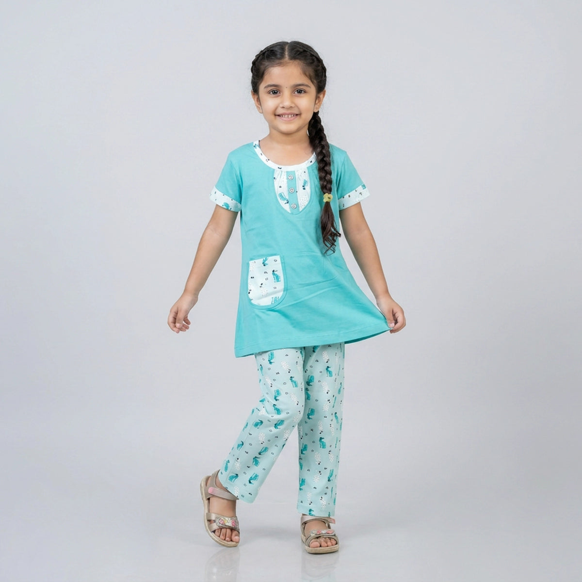 Girls Pink Tunic Top with Floral Print Pants Co-ord Set